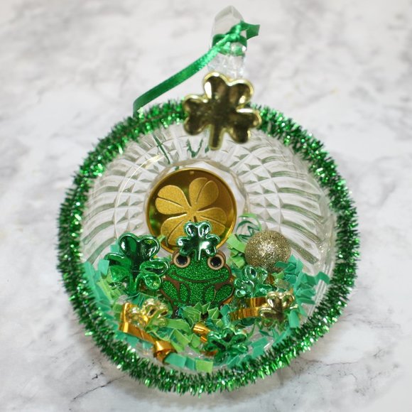 HAND CRAFTED St. Patricks Day Decor Ornament Upcycled Cup Frog Gold Green - Picture 1 of 12